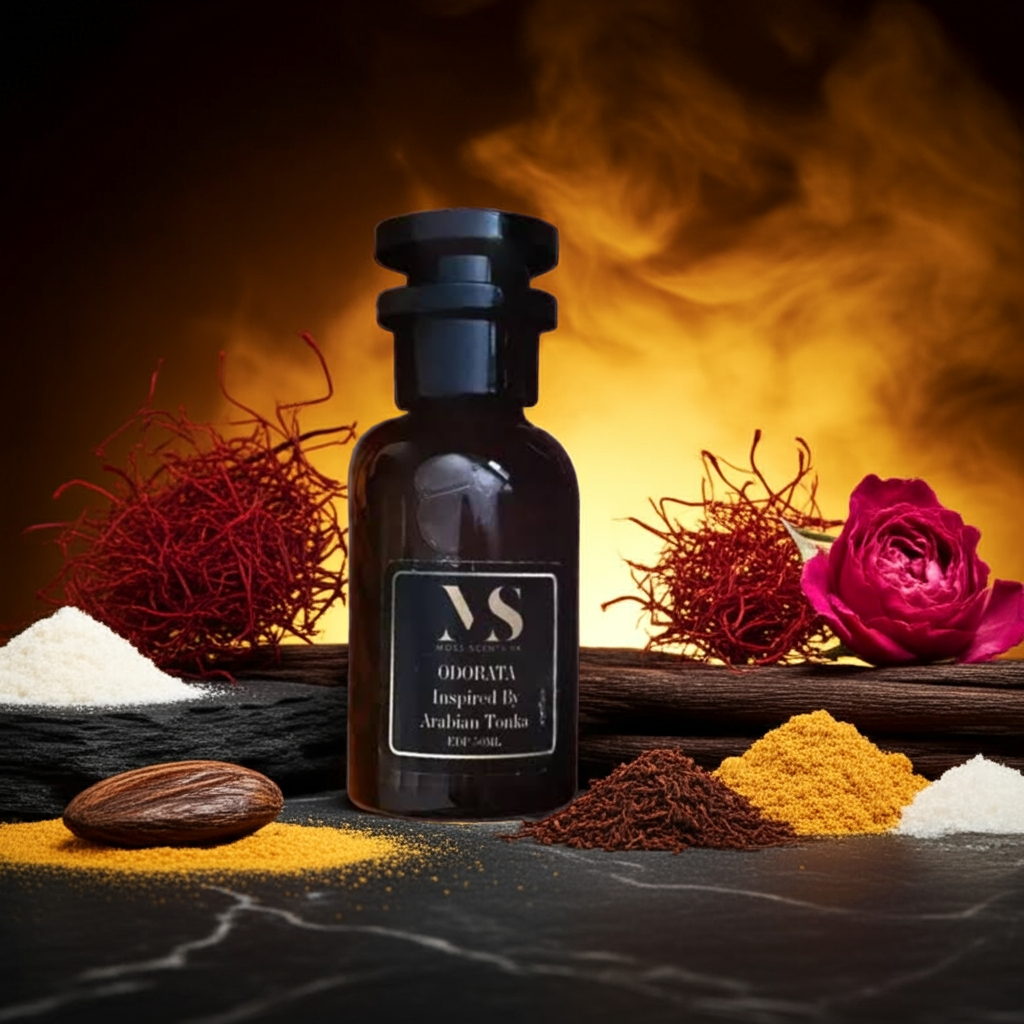 A bottle of inspired by arabians tonka perfume with saffron, rose, and other spices on a dark background.