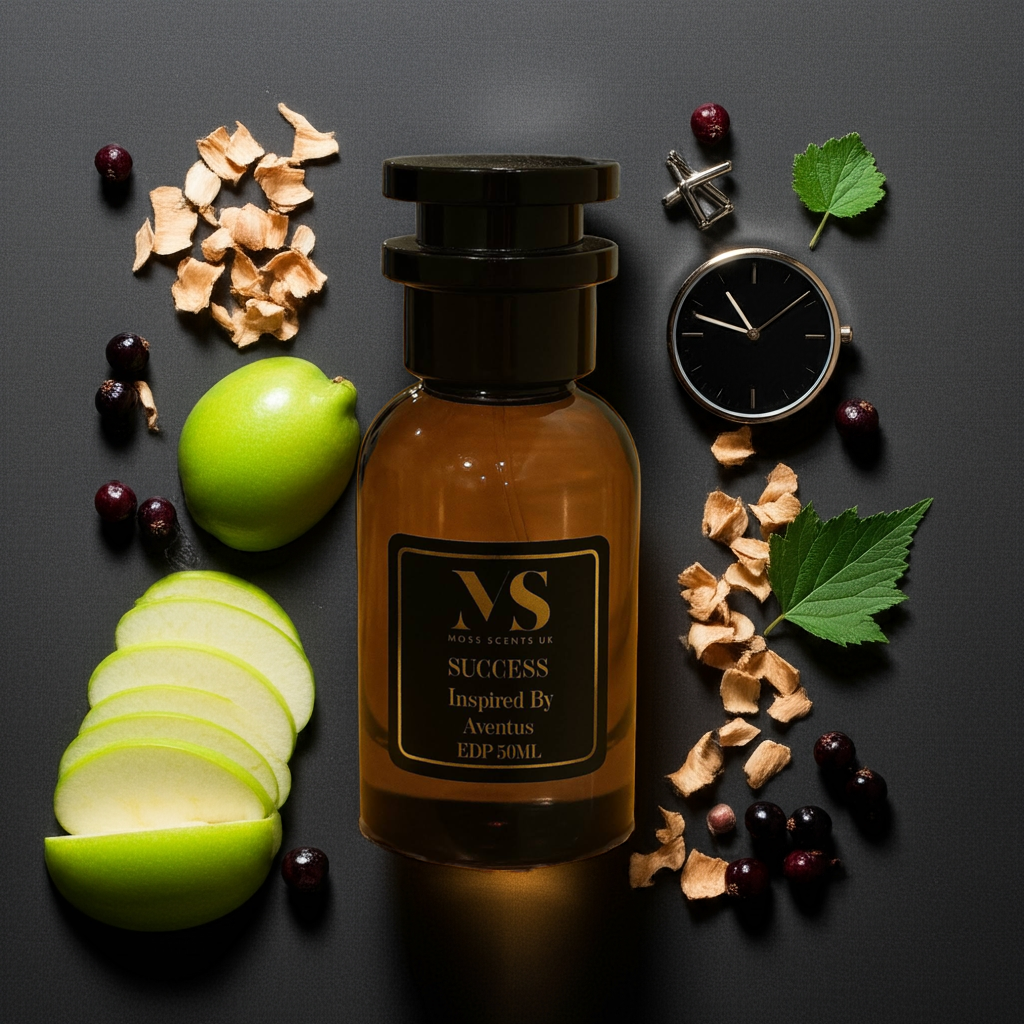 Bottle of 'inspired by creed aventus" cologne with apples, leaves, and a watch on a dark background