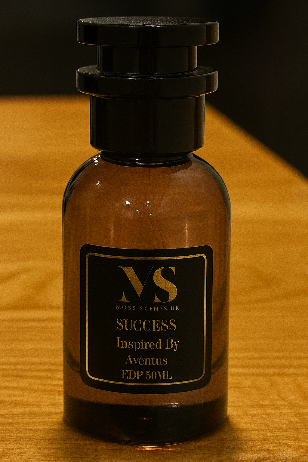 Perfume bottle labeled 'Success' inspired by Aventus on a wooden surface