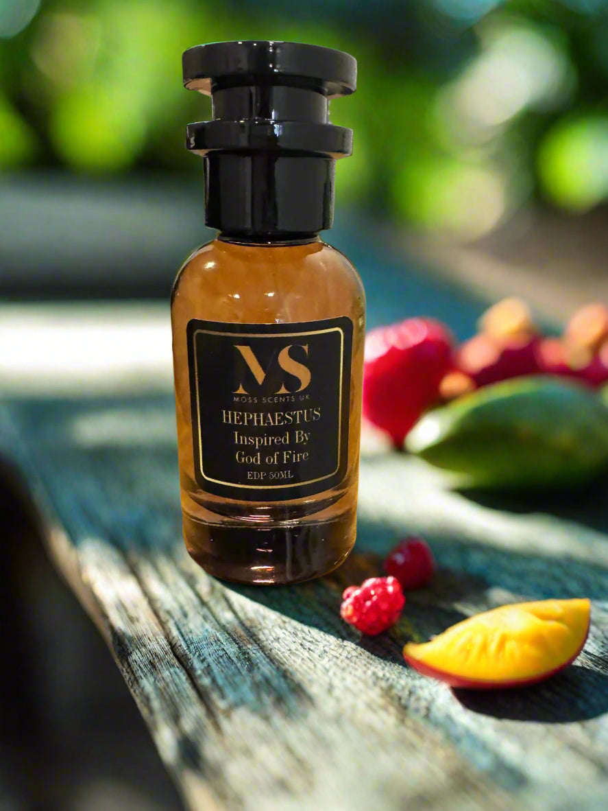 Bottle of inspired by god of fire Hephastus on a wooden surface with fruits in the background