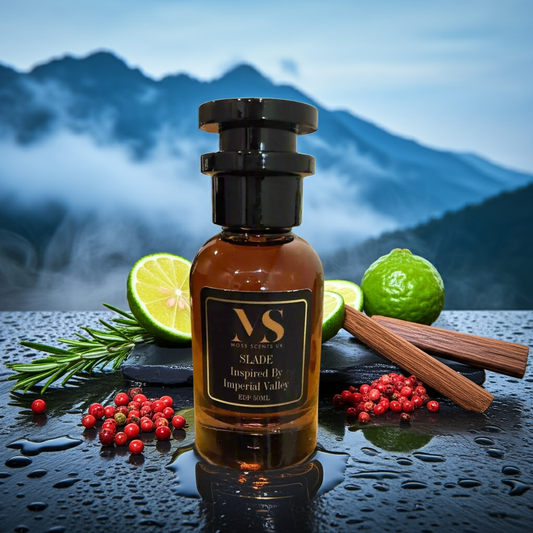 Bottle of Imperial-Valley inspired perfume with mountainous background