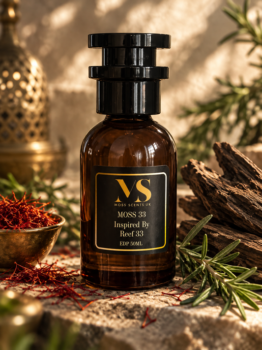 An amber glass bottle with a black cap and a black label reading ' MOSS SCENTS UK Inspired By Reef 33 ' in gold lettering, styled on a stone surface with saffron, rosemary, wood, and a brass vessel in the background.