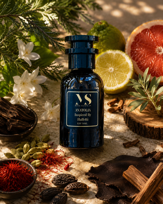 Halfeti Inspired Anatolia 50ml Extrait de Parfum bottle by Moss Scents UK, an oil-based fragrance inspired by Halfeti with exotic florals, spices, and leather tones