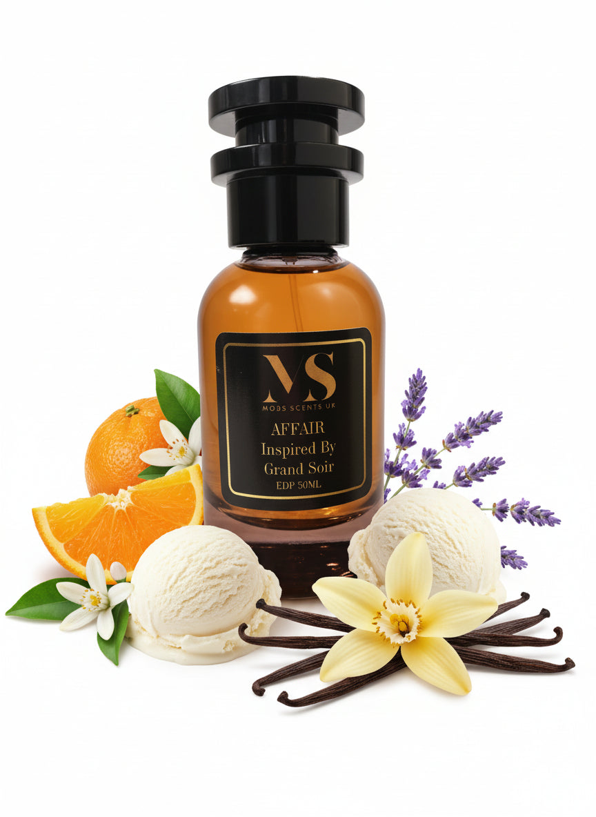 bottle of inspired by grand soir perfume surrounded with orange, lavender, vanilla ice-cream notes
