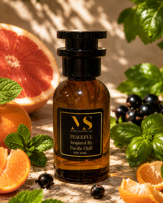 a Pacific Chill inspired perfume, bottle on a beach amid grapefruit, fig and mandarin