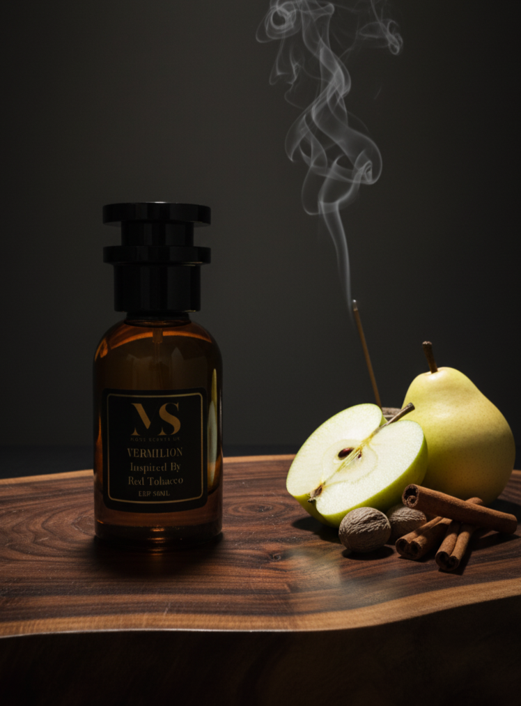 A bottle of inspired by red tobacco perfume with a lit incense stick, half-cut apple, pear, and cinnamon sticks on a wooden surface.