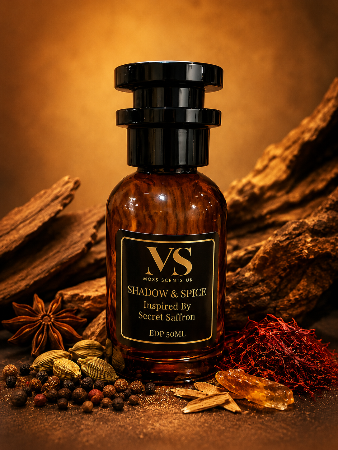 Shadow & Spice 50ml Extrait de Parfum bottle – a smoky saffron and spice fragrance inspired by Safran Secret, by Moss Scents UK